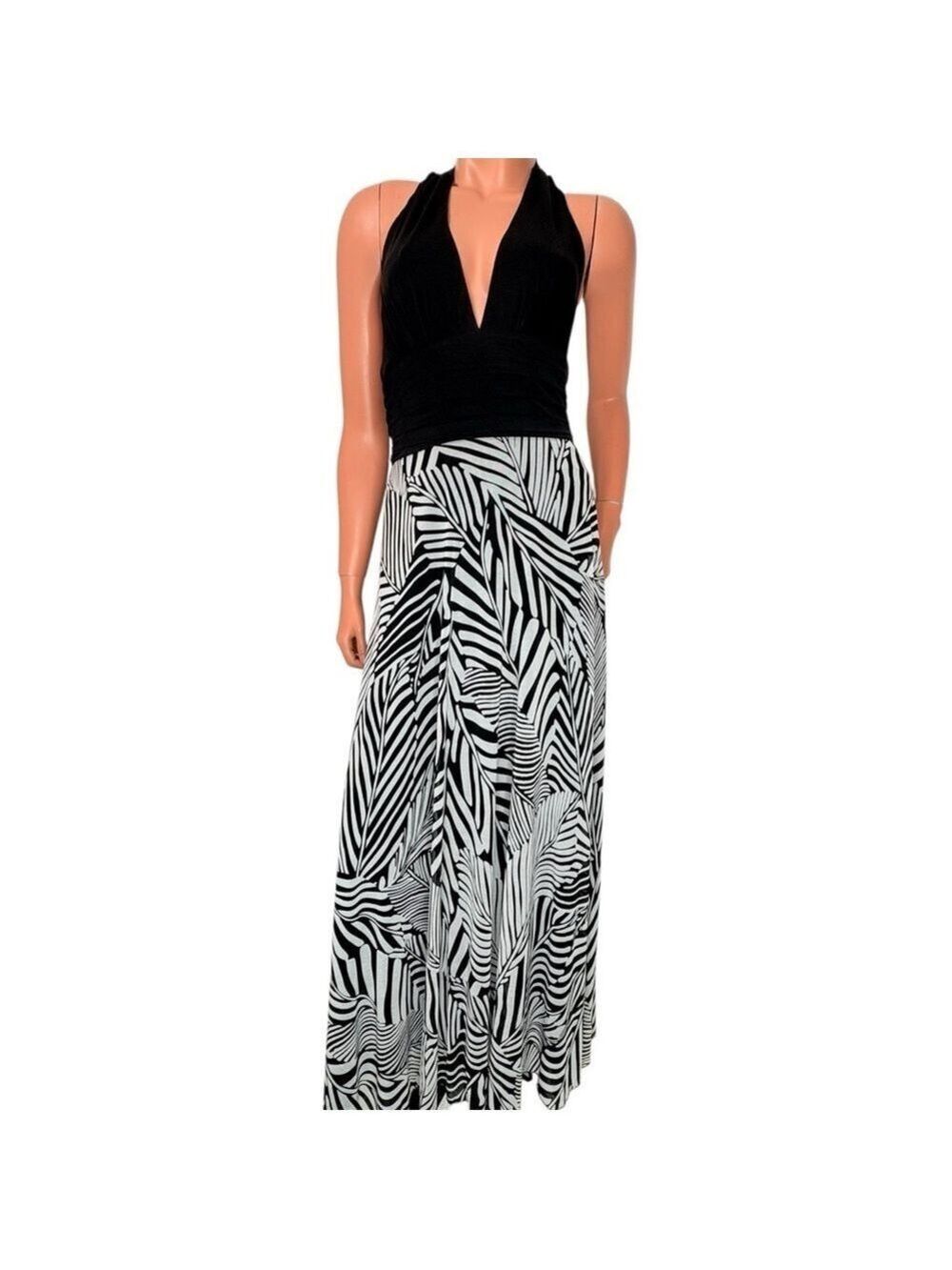 Y2K Mesh Plunging Halter Maxi Dress Womens Sz 6 Black & White Graphic Leaf Print